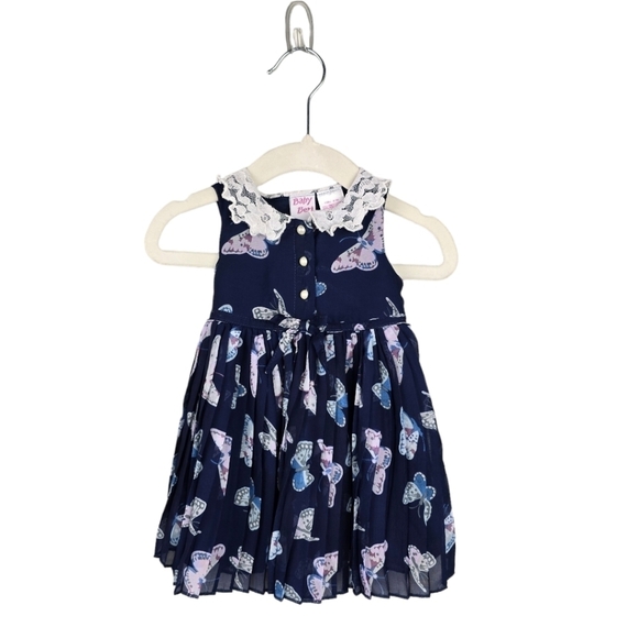 BABY BERI Pleated Whimsical Dress Lace Collar Butterfly Navy‎ Baby Girls 6-9 M - Picture 2 of 14